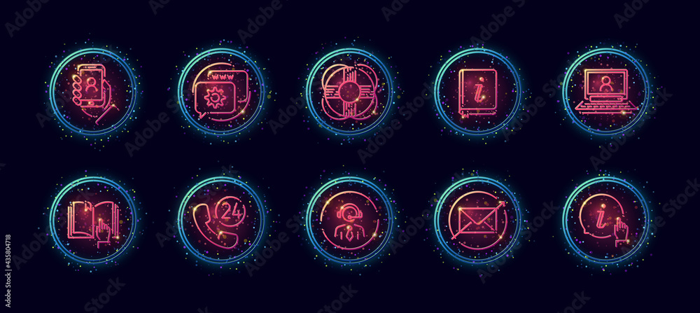 10 in 1 vector icons set related to customer support theme. Lineart vector icons in geometric neon glow style with particles