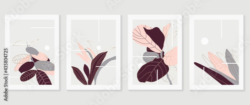 Botanical and gold abstract wall arts vector collection.  Golden and luxury pattern design with Tropical leaves line arts, Hand draw Organic shape design for wall framed prints, cover and poster.