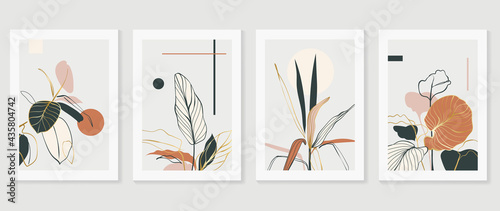 Botanical and gold abstract wall arts vector collection.  Golden and luxury pattern design with Tropical leaves line arts, Hand draw Organic shape design for wall framed prints, cover and poster.