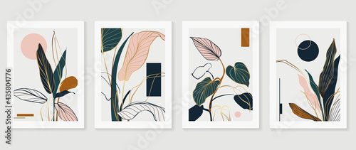 Botanical and gold abstract wall arts vector collection.  Golden and luxury pattern design with Tropical leaves line arts, Hand draw Organic shape design for wall framed prints, cover and poster.