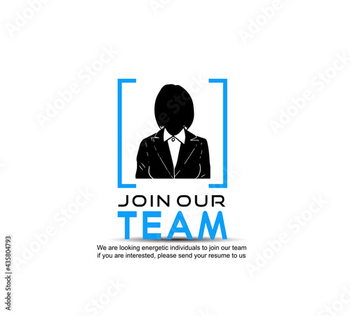 Join our team design concept with the businesswoman in blue square