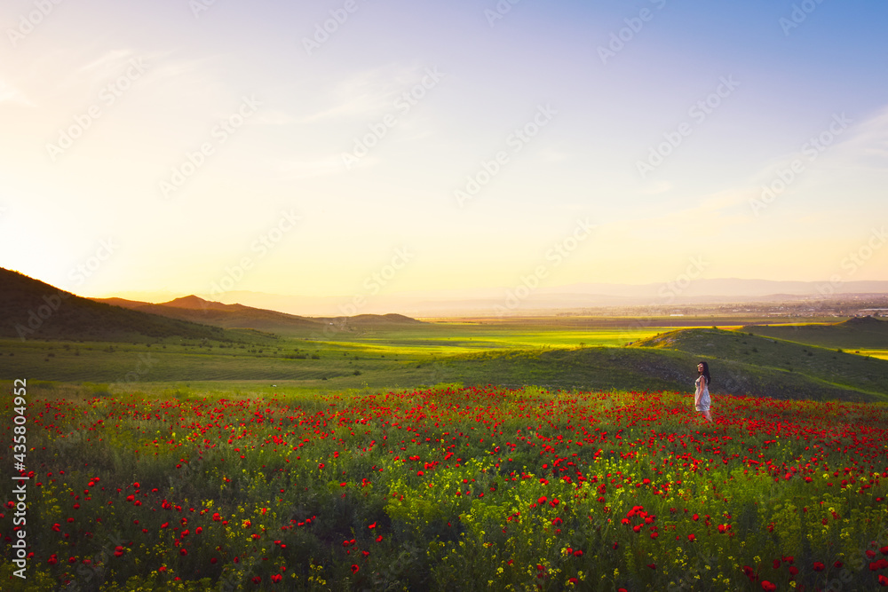 Young woman standing in Green valley and poppy field, springtime landscape in Georgia. Blank space woman wellness concept background