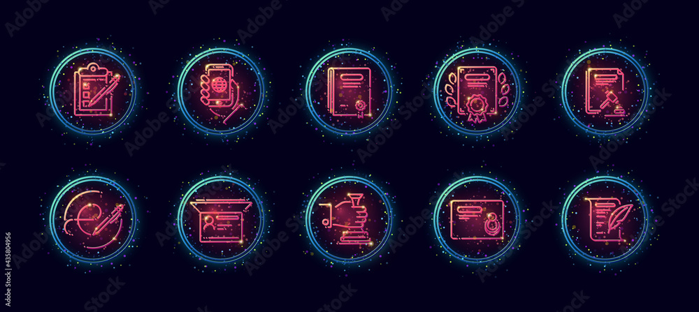 10 in 1 vector icons set related to official document theme. Lineart vector icons in geometric neon glow style with particles
