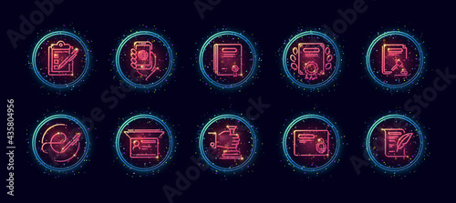 10 in 1 vector icons set related to official document theme. Lineart vector icons in geometric neon glow style with particles