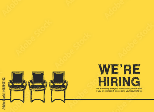 We are hiring concept design with three chair connected with line hand drawing style yellow background.