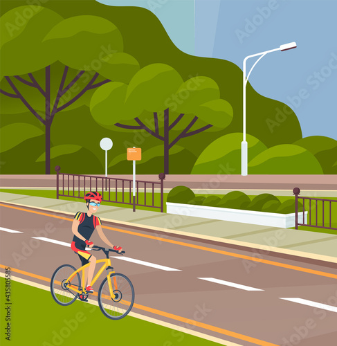 Cyclist on bike rides on sidewalk. Landscape of urban city with male character rides bike. Cityscape with town roadway. Sportsman with transport on sidewalk. Road against background of modern park