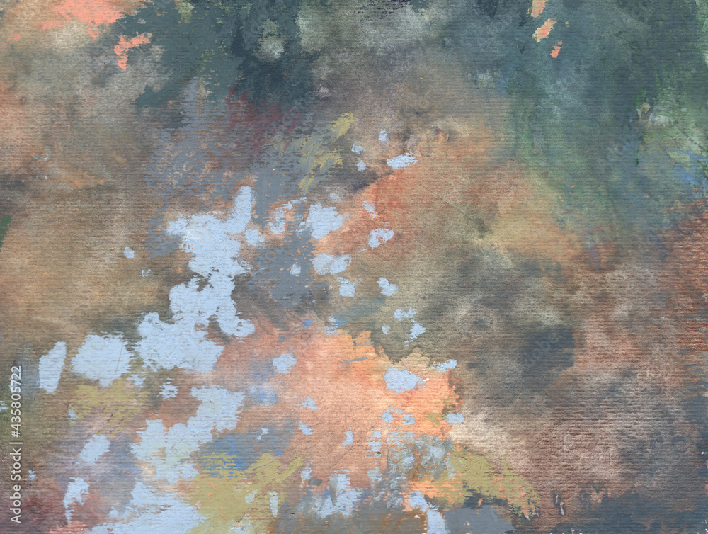 Watercolor abstract background. Blue, red, green, brown color. Design with color splash design and fringe bleed stains and blobs. 