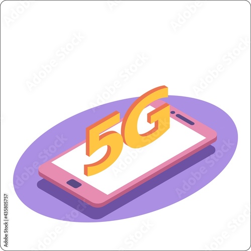 5G network wireless technology. Isometric smartphone with big letters 5g. High-speed mobile Internet. 3d isometric vector illustration.