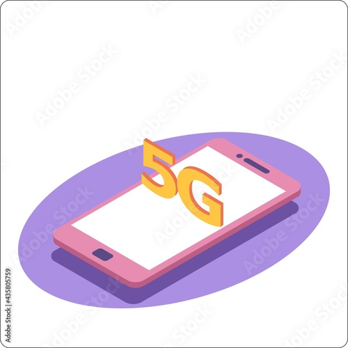 5G network wireless technology. Isometric smartphone with big letters 5g. High-speed mobile Internet. 3d isometric vector illustration.