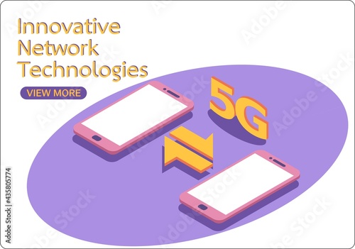 5G network wireless technology. Isometric two connecting smartphones with big letters 5g. High-speed mobile Internet. 3d isometric vector illustration.