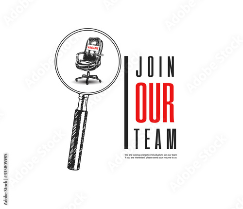 Magnifying glass choosing office chair with vacant sign. Join our team design vector isolated on white background
