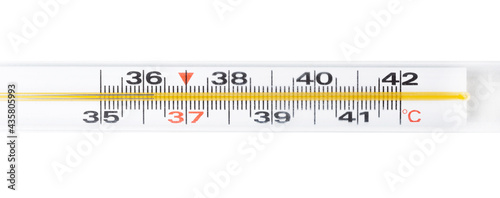 Traditional classic old fashioned mercury thermometer tool celsius scale, macro, extreme closeup, object detail on white, top view. Health, fever, measuring body temperature abstract concept, nobody photo