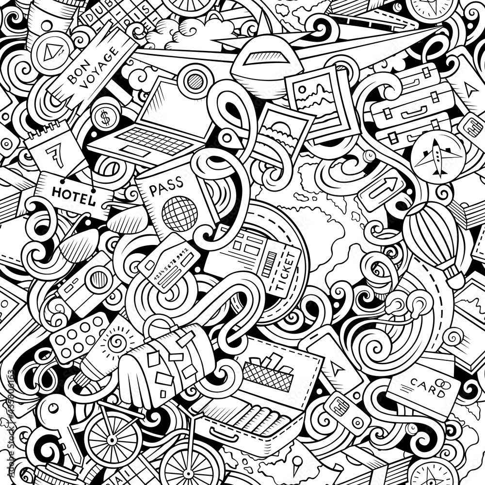 Traveling hand drawn doodles seamless pattern.