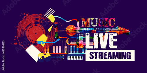 Live streaming banner for music festivals, shows and concert events. Colorful music promotional poster background with musical instruments vector illustration