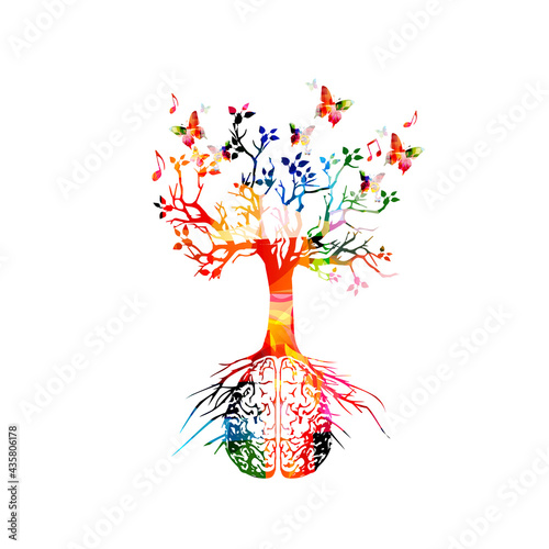 Colorful human brain with growing tree vector illustration background. Creative thinking, ideas and brainstorming, education and learning

