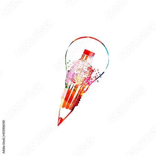 Colorful pencil with brain symbol and light bulb for creative writing, idea, inspiration, education, learning. Blogging, copywriting, design, classes, lessons, trainings, tutorials vector illustration