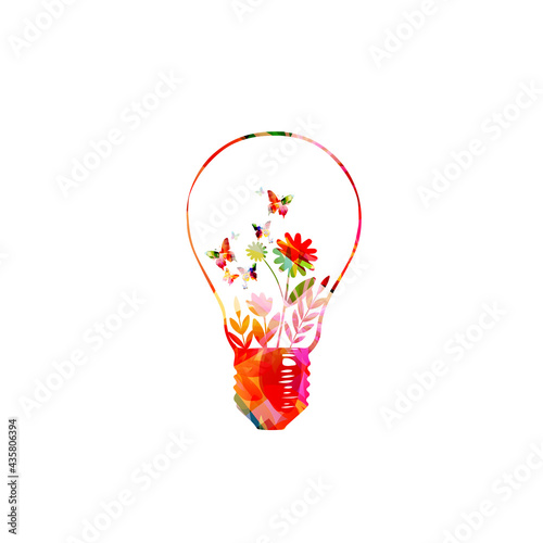 Energy saving eco lamp, colorful light bulb with sprout and leaves, ecology themed vector illustration, environmentally friendly concept