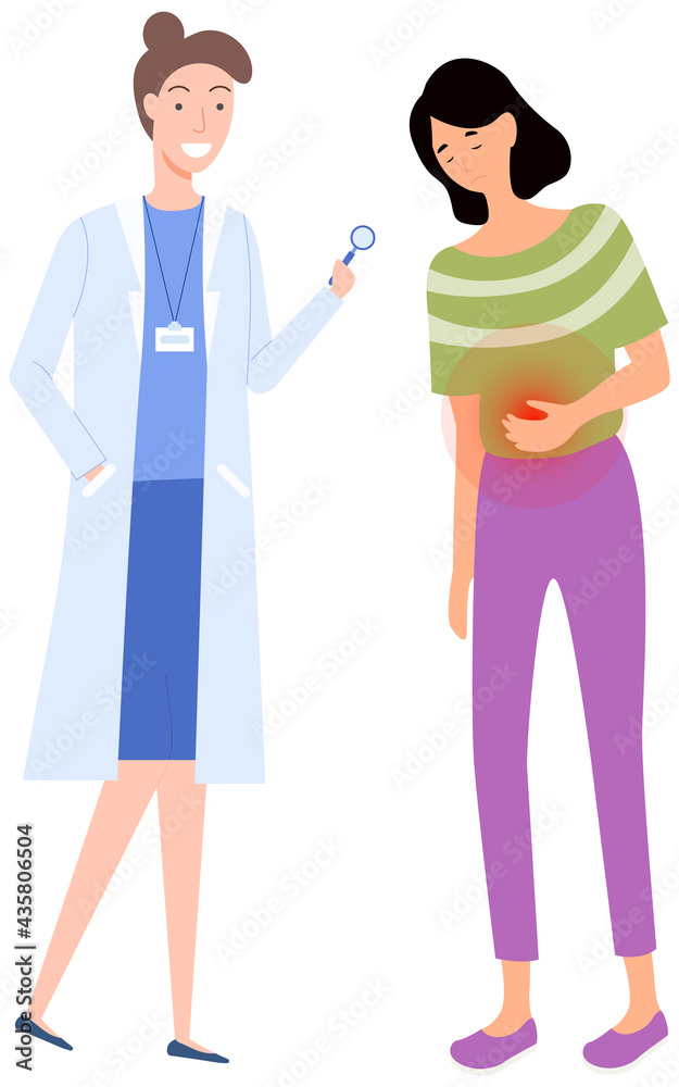 Girl in consultation with doctor. Medical specialist consults patient with stomachache. Woman suffering from menstrual abdominal pain. Person complains to doctor about painful sensations in abdomen Girl in consultation with doctor. Medical specialist consults patient with stomachache. Woman suffering from menstrual abdominal pain. Person complains to doctor about painful sensations in abdomen