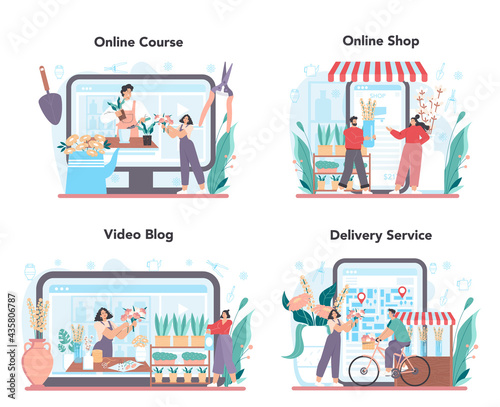 Florist online service or platform set. Floral designer making bouquet