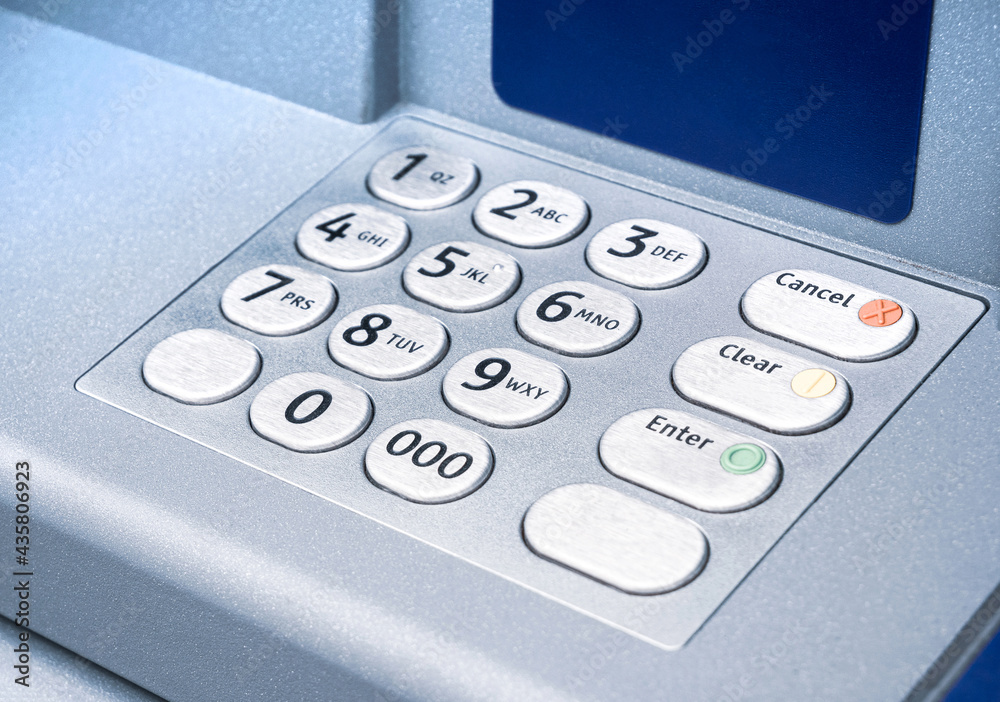 ATM cash machine pin pad, keypad detail, object closeup, nobody. Key pad, number keyboard on a modern atm up close. Withdrawing money, funds, making a withdrawal, banking abstract financial concept ATM cash machine pin pad, keypad detail, object closeup, nobody. Key pad, number keyboard on a modern atm up close. Withdrawing money, funds, making a withdrawal, banking abstract financial concept
