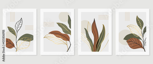 Botanical and gold abstract wall arts vector collection.  Golden and luxury pattern design with Tropical leaves line arts, Hand draw Organic shape design for wall framed prints, cover and poster.