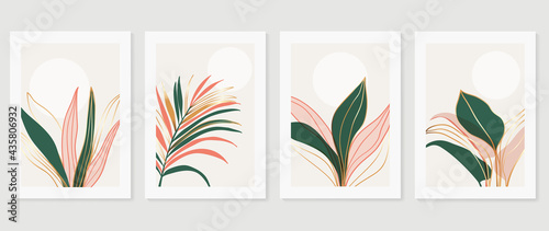 Botanical and gold abstract wall arts vector collection.  Golden and luxury pattern design with Tropical leaves line arts, Hand draw Organic shape design for wall framed prints, cover and poster.