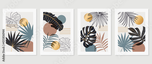 Botanical and gold abstract wall arts vector collection.  Golden and luxury pattern design with Tropical leaves line arts, Hand draw Organic shape design for wall framed prints, cover and poster.