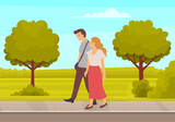 Couple in relationship walking in garden. Young guy and girl holding hands walking together, romantic walk. Lovers man and woman on date outdoor. Happy promenade in open air, active lifestyle