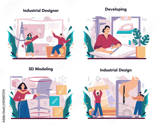 Industrial designer concept set. Artist creating modern environment