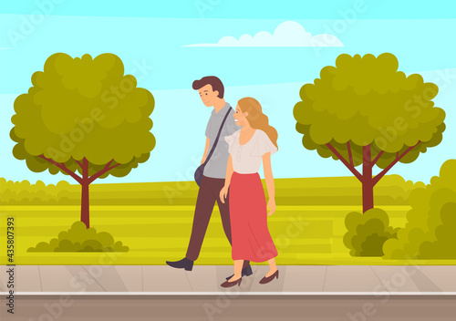Couple in relationship walking in garden. Young guy and girl holding hands walking together, romantic walk. Lovers man and woman on date outdoor. Happy promenade in open air, active lifestyle