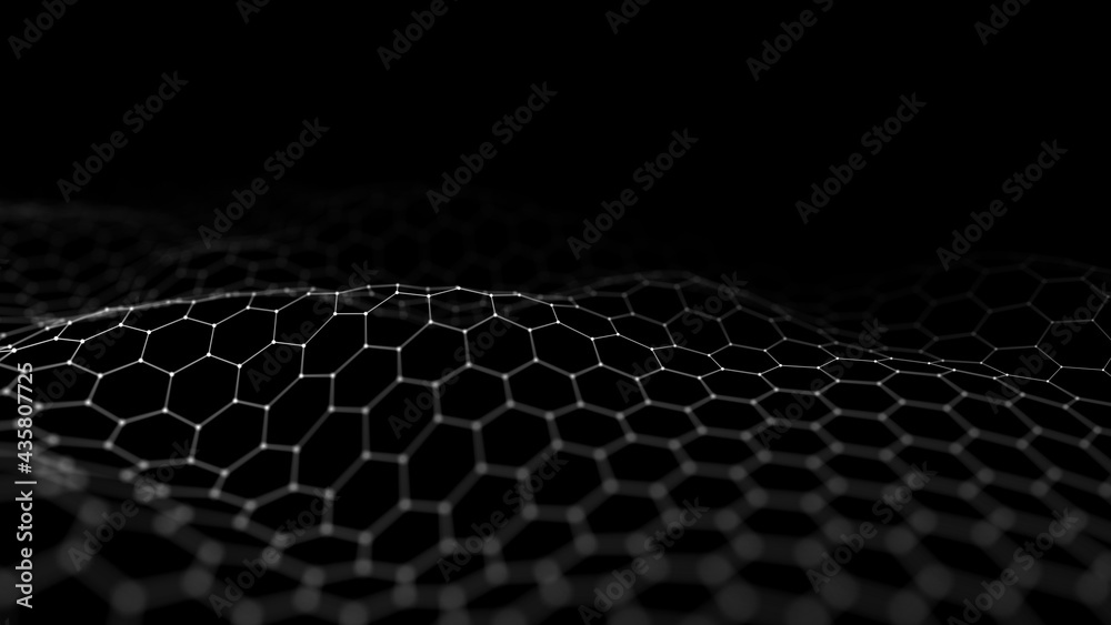 Abstract hexagon wave with moving dots. Flow of particles. Cyber technology illustration. 3d rendering Abstract hexagon wave with moving dots. Flow of particles. Cyber technology illustration. 3d rendering