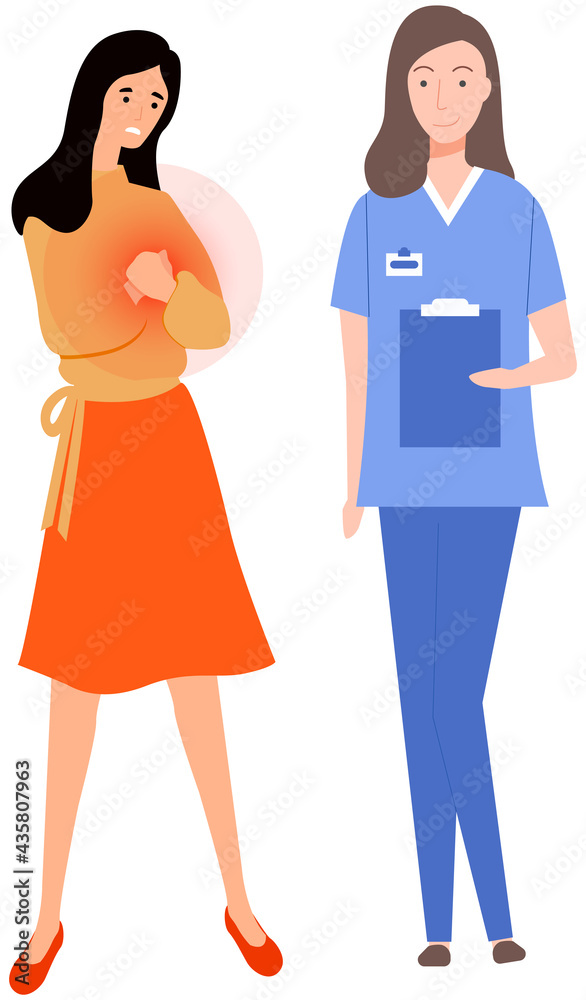 Sick woman with heart attack, pain, health problem in consultation with doctor. Medical specialist consults patient with problems with cardiovascular system. Person suffering from pain in chest Sick woman with heart attack, pain, health problem in consultation with doctor. Medical specialist consults patient with problems with cardiovascular system. Person suffering from pain in chest