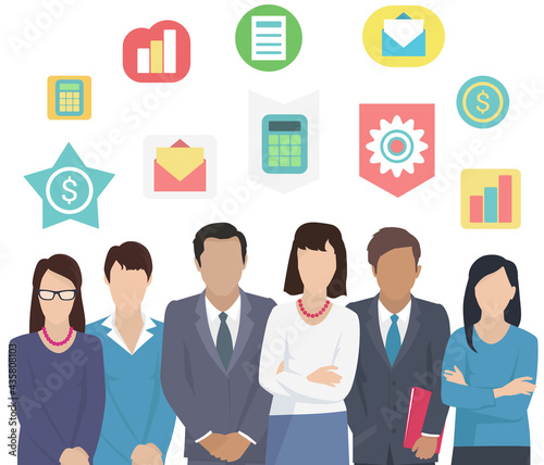 Project team man and woman business characters dressed formally isolated on white. Employee group office colleagues businessmen wearing in formal suit. Teamwork flat style vector professionals set