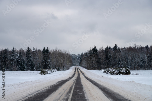 Road in the countryside in winter with forest with trees needles on the background