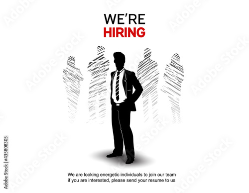 We are hiring concept design for recruiting poster with chosen businessman silhouette isolated on white background. Vector illustration with hand drawing style