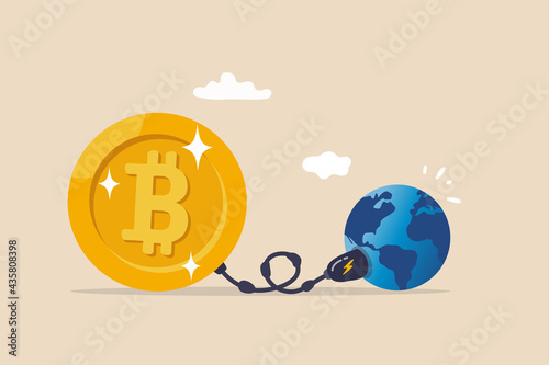 Cryptocurrency sustainability problem, bitcoin and crypto currency mining energy consumption not environment friendly concept, Big bitcoin with electric plug sucking energy from planet earth.