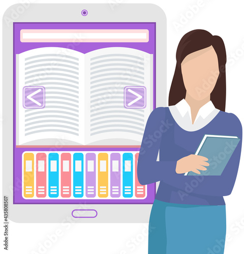 Digital electronic library, online book store concept with textbook on monitor screen. E-book modern technilogies, knowledge and distance education. Application for reading and studying remotely photo