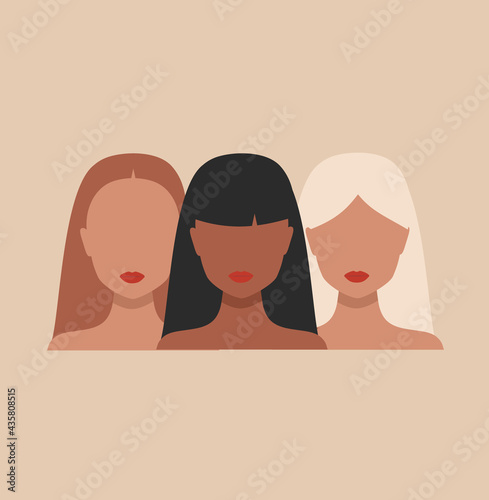 Vector banner with Three Woman portraits in minimal style. Female faces of different ethnicity and hair color