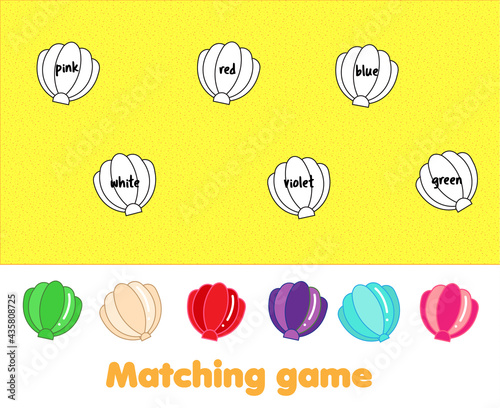 Matching children educational game. Match shells by color. Activity for kids and toddlers summer holidays theme