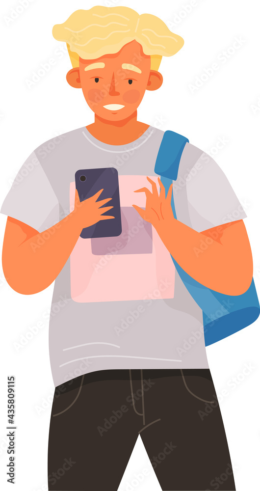 Schoolboy with smartphone is communicating. Male character using mobile device. Young boy is chatting online. Person uses technology for studying. Smiling guy looking at phone screen
