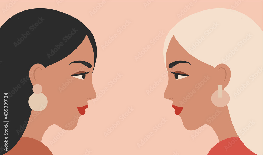 Vector banner with two Women looking at each other. Female face profiles on pink background