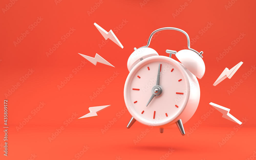White vintage ringing alarm clock on bright red background. Modern ...