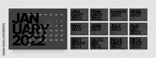 Monthly calendar for 2022 year. Week Starts on Monday.