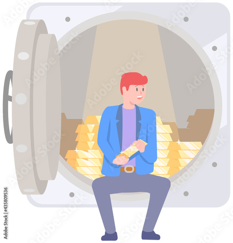 Billionaire businessman inside full bank vault sitting next to pile of gold bars. Businessman shoveling up money. Business success concept. Rich male character with money in form of gold bars
