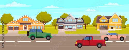 Cars drive on an asphalt road against backdrop of buildings urban landscape. City way, footpath for people and street vehicle summertime. Automobile transport in residential area of town, traffic
