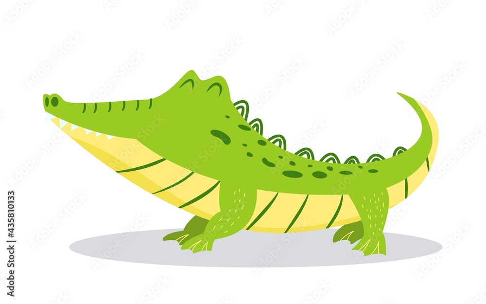 Obraz premium Cartoon cute crocodile isolated on white background. Bright vector illustration for childrens design. Satisfied alligator.
