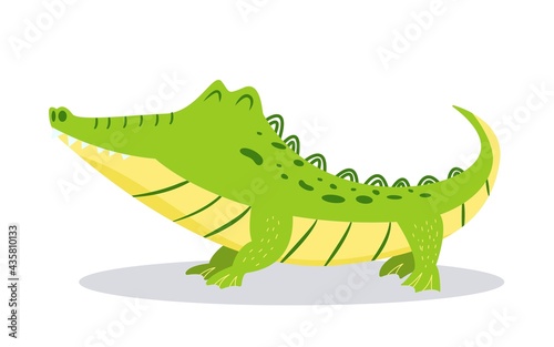 Cartoon cute crocodile isolated on white background. Bright vector illustration for childrens design. Satisfied alligator.