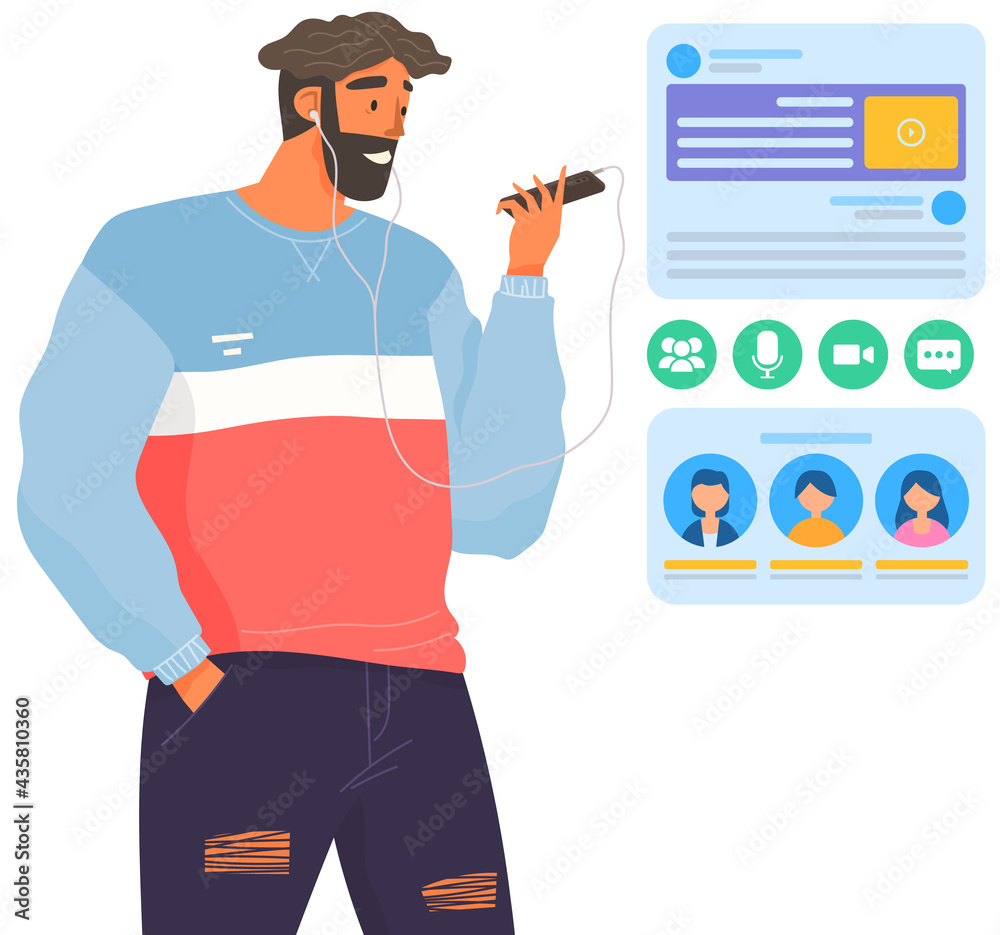 Happy man with headphones is looking at his smartphone. Guy do video call. Person in headphones connected to phone. Man is speaking. Person uses technology to communicate talking by phone Happy man with headphones is looking at his smartphone. Guy do video call. Person in headphones connected to phone. Man is speaking. Person uses technology to communicate talking by phone