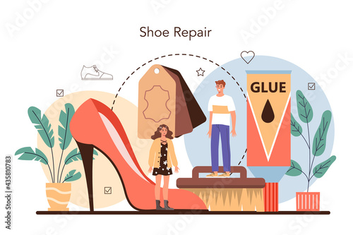 Shoemaker concept. Craftsman wearing an apron mending shoe