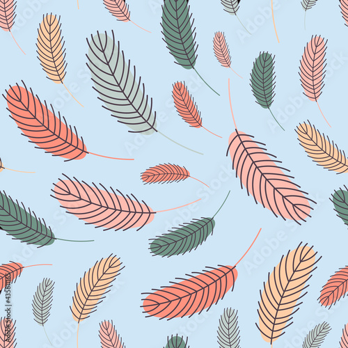 Feathers seamless pattern. Pattern with feathers. Vector flat illustration. Design for textiles, packaging, wrappers, greeting cards, paper, printing.